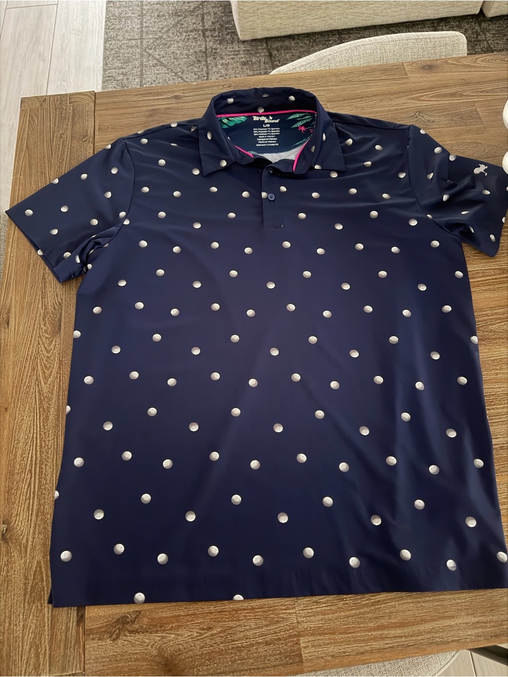 Birdie Bound Mens Navy Polka golf ball Golf Shirt NWOT